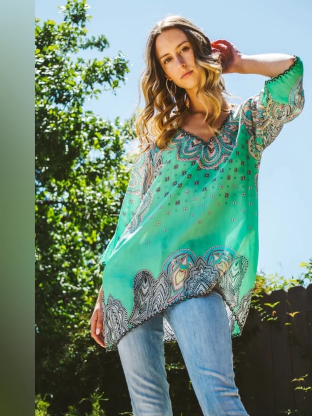 Johnny Was Silk Printed Tunic Top Size M